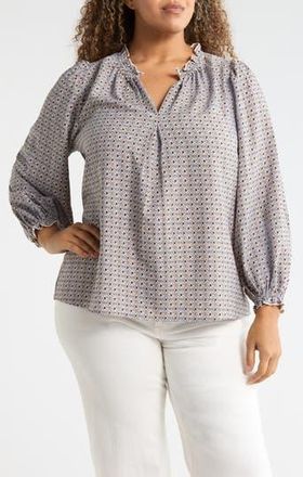 Max Studio Split Neck Long Sleeve Crepe Top in Ivory/Sky Sm Ifinite Tess at Nordstrom Rack, Size 2 X