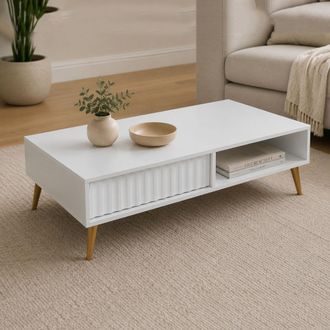 Dmora Mesa De Centro Lipa, 2 Cajones, Con Patas Efecto Estriado, Un Compartimento, 102x67x35h Cm Blanco