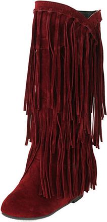 Generic Womens Suede Western Cowboy Boots with Fringe,Flat Heel,Mid-Calf,Slip-On Style,Burgundy,10 UK