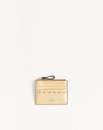 Valentino Garavani Rockstud Laminated Grainy Calfskin Card Holder With Zip Woman ANTIQUE BRASS UNI