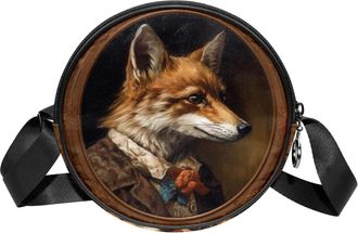 Generic Circle Crossbody Bag for Women, Vintage Fox Pattern Small Sling Bag Daypack with Zipper Adjustable Shoulder Straps Casual Ladies Girls Round Purse