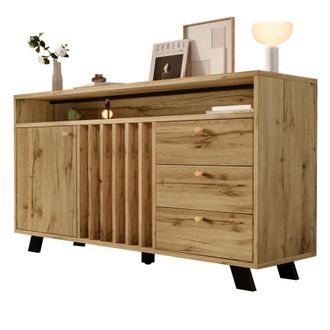STILVORA Aparador Con 2 Puertas, 3 Cajones Y Hueco Abierto, Frente De Lamas, Estilo Vintage, En Madera, 120&times;40&times;85 Cm, Roble Oscuro