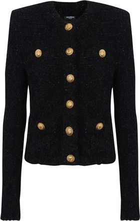 Balmain Cardigans, female, Black, Size: M Buttons tweed jacket