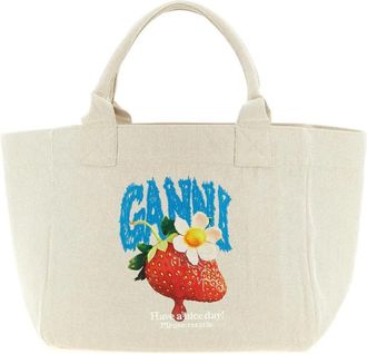 Ganni Borsa Tote in Tela con Stampa Fragole - - Bags - Donna - Beige - ONE SIZE