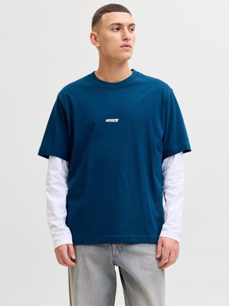 Jack & Jones T-Shirt JACK & JONES JCOCLUB BACK TEXT PRNT TEE SS CREW SN, Herren, Gr. XXL, poseidon, Jersey, Obermaterial: 100% Baumwolle, bedruckt, relaxed fit nor