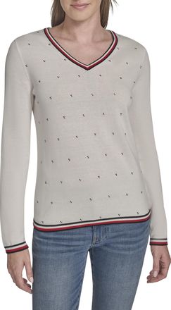 Tommy Hilfiger Womens Long Sleeve V-Neck Hotfix Pullover Sweater, Ivory Multi Hotfix, L