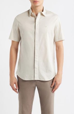Emporio Armani Textured Stripe Short Sleeve Knit Cotton Button-Up Shirt in Tan at Nordstrom, Size Xx-Large