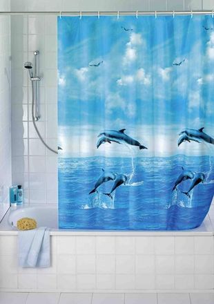 WENKO Cortina De Ba&ntilde;o Fabricada En Pvc 180x200cm Estampado Azul Y Blanco 19140 Wenko