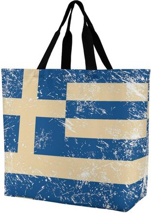 Generic Greece Flag Vintage Reusable Shopping Bags One Shoulder Grocery Tote Bag Waterproof Big Purse for Work Travel
