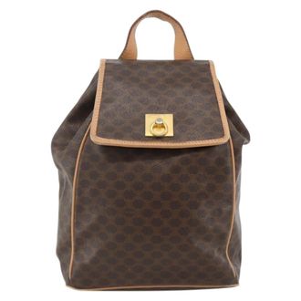 Celine Vintage Drawstring Flap Backpack Macadam Coated Canvas Brown Canvas Backpack Bag (Pre-Owned)