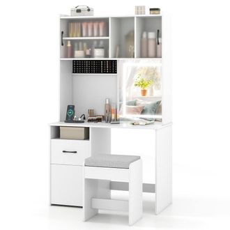 Costway Costway Vanity Desk w/ Mirror & Lights Makeup Dressing Table w/ Power Outlets in White