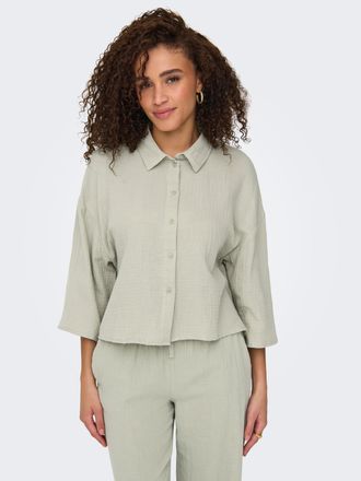 Jacqueline de Yong Hemdbluse JDY JDYTHEIS LIFE 3/4 CROP SHIRT WVN NOOS, Damen, Gr. XXL, desert sage, Web, Obermaterial: 100% Baumwolle, unifarben, regular fit taillenlan