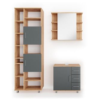 Vicco Conjunto De Muebles De Ba&ntilde;o Ilias, Roble, 3 Partes, Con Mueble Alto