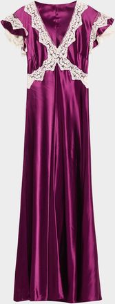Alberta Ferretti Lace-Trim Ruffle-Sleeve Satin Maxi Dress