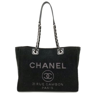 Chanel Black Gray Cotton Leather Shoulder Bag Tote Bag (Pre-Owned)