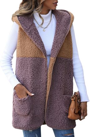 Feoya Womens Fashion Fuzzy Gilet with Hood Ladies Autumn Winter Sleeveless Coat Lightweight Fleece Vest with Pockets C-Coffee XL