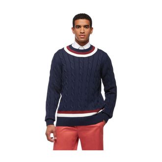 Brooks Brothers Supima Cotton Cable Tennis Jumper - male - Brooks Brothers - Round-neck Knitwear - Blue - XL - Knitwear