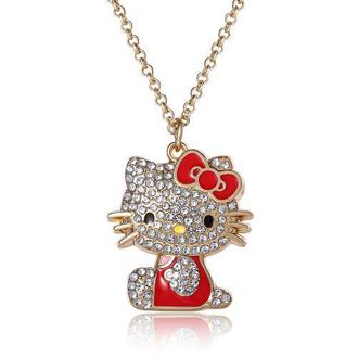 Hello Kitty SALLY ROSE Hello Kitty Aqua Green Enamel and Pave Crystal Necklace Official License, Gold-Tone 16+3 Hello Kitty Necklace, Sanrio Gifts in Red at