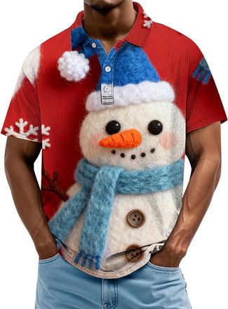 Generic Christmas Polo Shirts for Men Short Sleeve Button Down Lapel Xmas Holiday Golf Shirt Casual Tree Snowman Snowflake Print Tops, Wine Red, 3XL