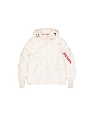 Alpha Industries Winterjacke ALPHA INDUSTRIES Hooded Logo Puffer Women, Damen, Gr. M, weiss (jet stream wei&szlig;), Obermaterial: 100% Polyester; Futter: 100% Polyester; F&uuml;