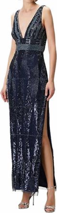 Aidan Mattox Fully Beaded Plunge V-Neck Gown In Navy/Grey