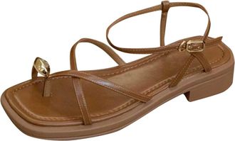 Generic Summer Beach Flat Sandals for Women uk 2025 With One Line Buckle Clip Toe Thick Heel Temperament Thin Strap Thong Wedge Sandals (Brown, 6)