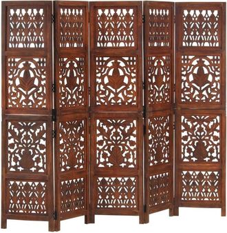 vidaXL Hand Carved 5-Panel Room Divider Brown 200x165 cm Solid Mango Wood vidaXL