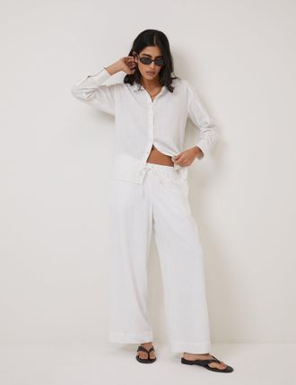 Nobody's Child White Linen-Blend Low Waisted Straight Leg Trousers