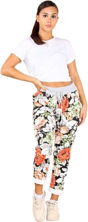 Generic Womens Italian Multi Floral Printed Turn Up Trouser - Ladies Plain Elasticated Waistband Causal Summer Drawstring Bottom Pants (Multi Floral, 10-14)