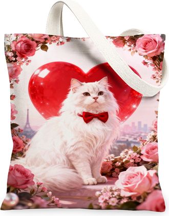 Generic Floral Cat Canvas Tote Bags, Rose Pattern Reusable Grocery Bags, ValentineS Day Vintage Chic Lightweight Washable Shoulder, Peach, 13x15 Inch