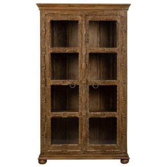 Wanderlust Deco Vitrina de cristal y madera labrada artesanal marron