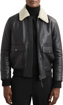 Reiss Shaker Shearling Collar Leather Bomber Jacket in Black at Nordstrom Rack, Size Xx-Large