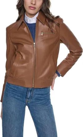 Cole Haan Leather Bomber Jacket in Hazelnut at Nordstrom, Size X-Small