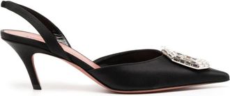 Amina Muaddi Nappa Black Camelia Sling 60 mm Sandals, Brand Size 35.5 (US Size 5.5)