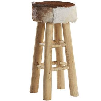 Beliani Taburete De Bar De Piel De Cordero Con Patas De Madera De Teca Estilo R&uacute;stico Walton