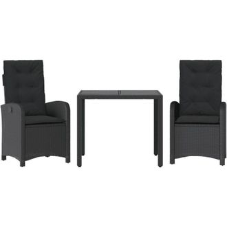 vidaXL Set Comedor De Jard&iacute;n 3 Pzas Con Cojines Rat&aacute;n Sint&eacute;tico Negro Vidaxl