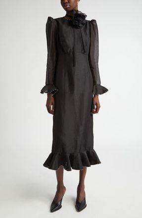 Zimmermann Floral Long Sleeve Organza Midi Dress in Black at Nordstrom, Size 0