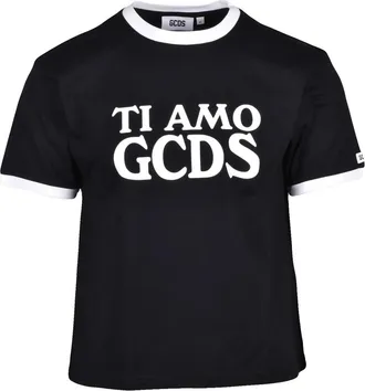 GCDS Black Cropped Graphic Cotton T-Shirt