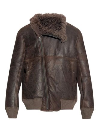 Rick Owens shearling-collared zip-front jacket - men - Wool/Calf Leather/Nylon/Spandex/Elastane/Lamb Shearling - 52 - Brown