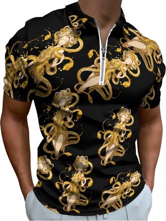 Generic Greek-Mythology-Gold-Medusa Mens Polo Shirts Quarter Zip Collared Short Sleeve Tee Top Slim Fit Golf Shirt 2XL