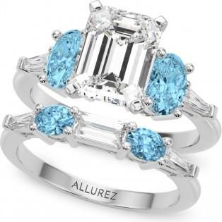 Allurez Emerald Cut Lab Grown Diamond & Oval Blue Topaz Bridal Set in Platinum (4.97ct)