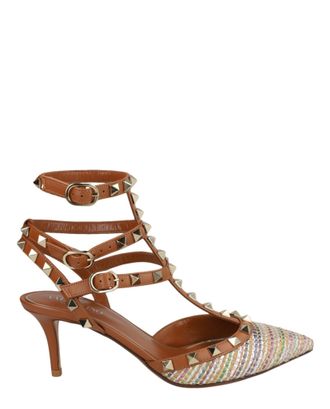 Valentino Rockstud Caged Pumps In Woven Fabric And Leather
