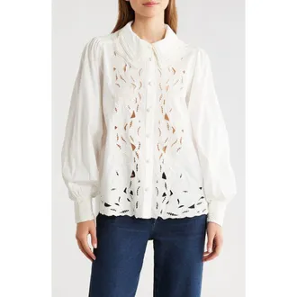 Farm Rio Embroidered Eyelet Puff Sleeve Button-Up Shirt in Off-White at Nordstrom Rack, Size Xx-Small