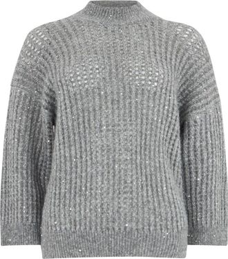 PESERICO Open-Knit Pullover - Dames - Ronde hals truien - Grijs - S - Wol - Truien & Vesten