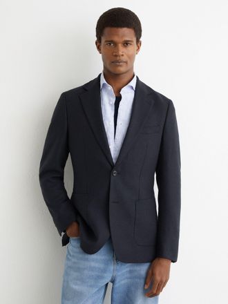 Reiss Navy Carson Flannel Single-breasted Blazer-fit With Wool, 46