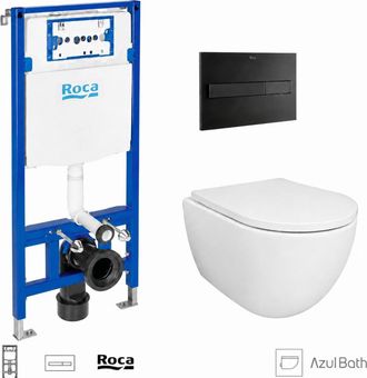 Roca Pack Wc Bastidor Empotrado Roca Duplo Cisterna Empotrada Y Pulsador Pl7 Negro Mate Con Inodoro Suspendido Swiss 53 Cm Tornado Y Soft-close De Azul Bat