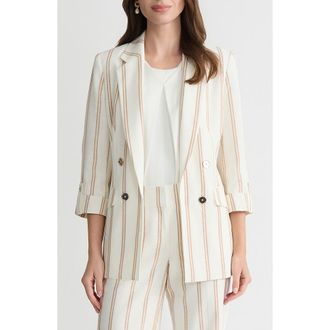 Kasper Stripe Roll Sleeve Open Front Blazer in Vanilla Ice/Toasted White at Nordstrom, Size Medium P
