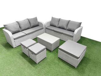 Fimous Outdoor Garden Furniture Sets 9 Seater Wicker Rattan Furniture Sofa Sets w/ Rectangular Coffee Table high Back Lounge Sofa 3 Stools Light Grey
