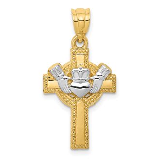 Diamond2Deal 14k Yellow Gold Rhodium Accent Claddagh Cross Pendant