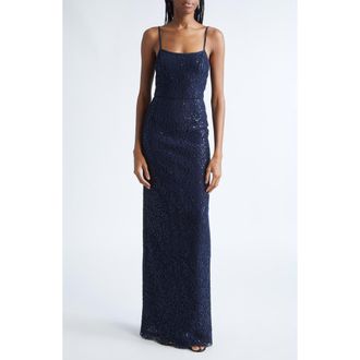 Michael Kors Sequin Corded Floral Lace Gown in Midnight at Nordstrom, Size 10